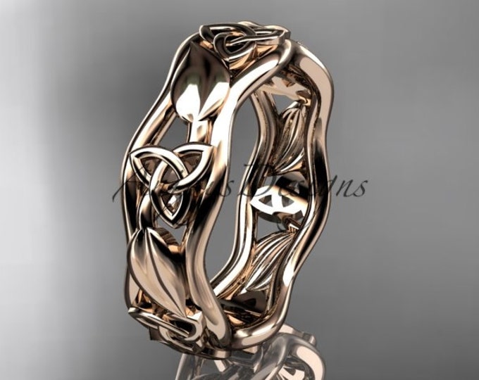 Celtic Wedding Band 14k Rose Gold Bridal Band Celtic Trinity Knot Wedding band Leaf and Vine Irish Ring