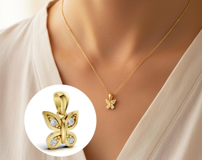 Diamond Butterfly Necklace Solid 14K Gold Butterfly Charm Dainty Butterfly Pendant Lab Grown Diamond
