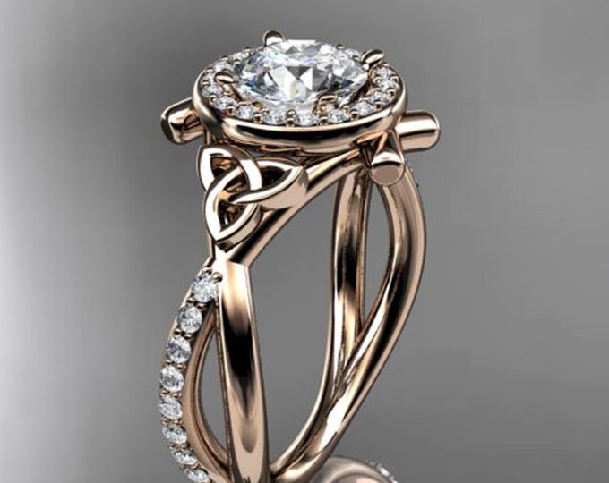 Celtic 1 Carat Round Lab Grown Diamond Halo Ring 14k Rose Gold 1 CT Round VS1 IGI Certified Trinity Knot Engagement Ring
