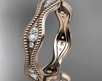 Women's Beaded Wedding Band 14k Solid Rose Gold Diamond Ring Anniversary Gift Ring for Her Handmade Dotted Band
