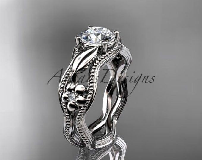 Unique bridal Ring 14k white Gold leaf and flower Diamond Unique Engagement Ring