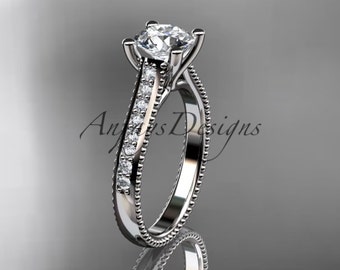 Solid 14k White Gold Diamond Alternative Engagement Ring Unique Women's Milgrain Moissanite Promise Bridal Ring