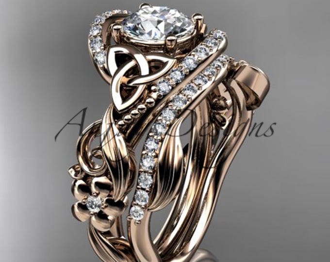 Unique Engagement Ring Set 14k Rose Gold Celtic Wedding Ring Set 1 CT Lab Grown Diamond IGI Certified Diamond