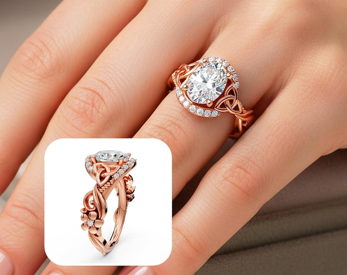 Celtic Engagement Ring 1.5 Carat Oval Lab Grown Diamond 14k Rose Gold Wedding Ring Nature Inspired