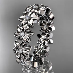 Diamond Flower Wedding Band 14k White Gold Nature Inspired Ring Lab Grown Diamond Women&#39;s Band Unique Floral Ring