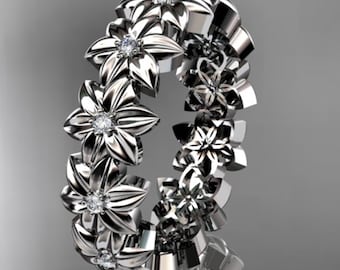 Diamond Flower Wedding Band 14k White Gold Nature Inspired Ring Lab Grown Diamond Women's Band Unique Floral Ring