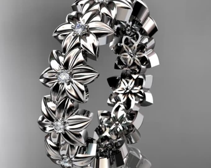 Diamond Flower Wedding Band 14k White Gold Nature Inspired Ring Lab Grown Diamond Women's Band Unique Floral Ring