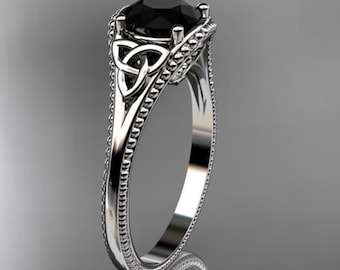 Celtic Engagement Ring 14k White Gold 1 Carat Black Diamond Ring Unique Trinity Knot Irish Engagement Ring