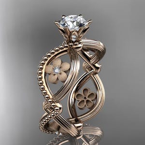 Unique Flower Engagement Ring 18k Rose Gold 1 Carat Lab Grown Diamond Nature Inspired Ring