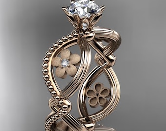 Unique Flower Engagement Ring 18k Rose Gold 1 Carat Lab Grown Diamond Nature Inspired Ring