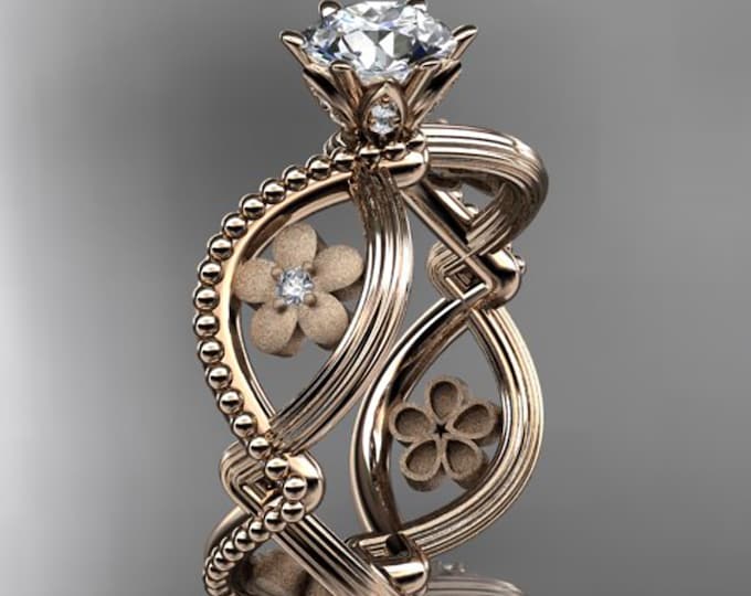 Unique Flower Engagement Ring 18k Rose Gold 1 Carat Lab Grown Diamond Nature Inspired Ring