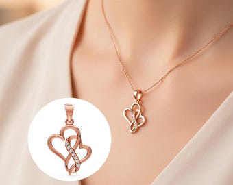 14k Gold Double Heart Diamond Pendant Necklace Lab Grown Diamond Minimalist Jewelry