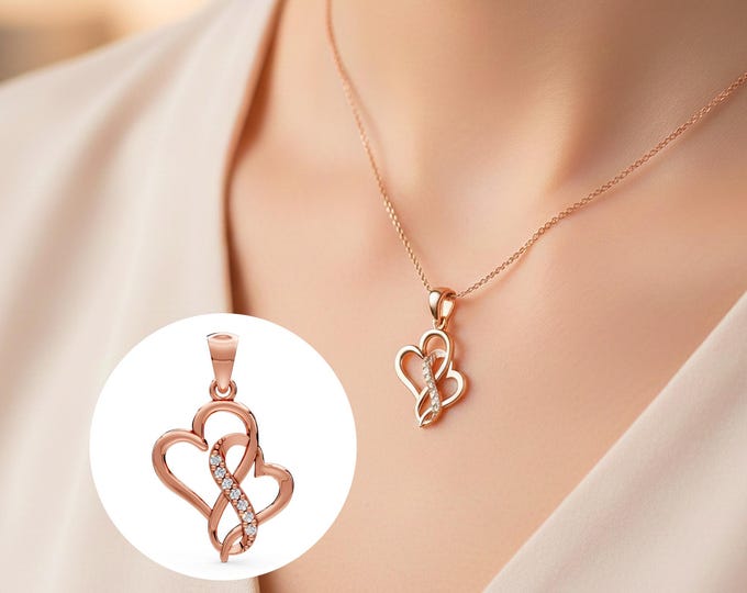 14k Gold Double Heart Diamond Pendant Necklace Lab Grown Diamond Minimalist Jewelry