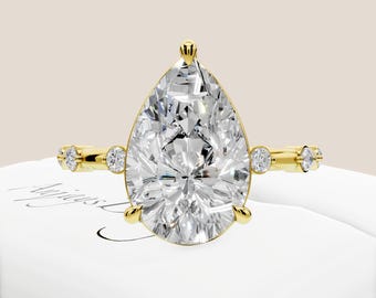 3 Carat Pear Diamond Engagement Ring 14k Yellow Gold Dainty Nature Inspired Wedding Ring