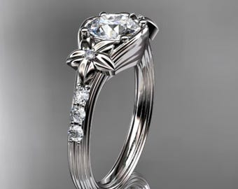 1 Carat Round D VS1 Lab Grown Diamond Nature Inspired Ring Diamond Flower Accent Engagement Ring 14k Gold