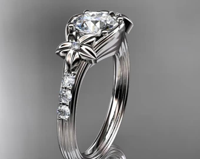 1 Carat Round D VS1 Lab Grown Diamond Nature Inspired Ring Diamond Flower Accent Engagement Ring 14k Gold