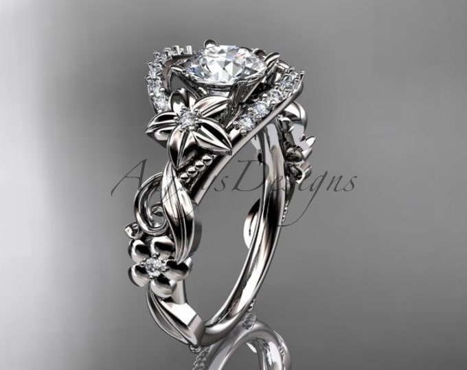 Unique Flower Engagement Ring 14k White Gold Engagement Ring Lab Diamond Nature Inspired Ring