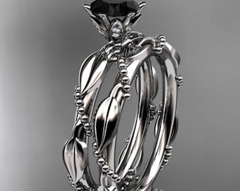Nature Inspired 1 Carat Black Diamond Bridal Set 14k White Gold Leaf Twig Engagement Ring Set