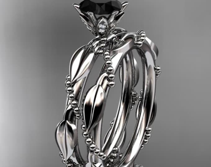 Black Diamond Engagement Ring Set 14k White Wedding Set Leaves Engagement Ring Set