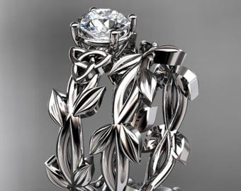 Celtic Engagement Ring Set 14k White Gold 1 CT Lab Grown Diamond Engagement Ring IGI Certified
