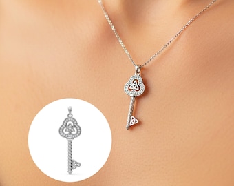 Diamond Key Pendant 14k White Gold Celtic Necklace Celtic Diamond Key Charm