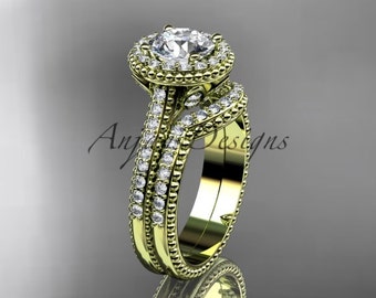 Halo Diamond Engagement Ring Set 14k Yellow Gold White Sapphire Wedding Ring Curved Band