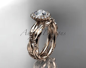 Leaf Moissanite Halo Engagement Ring Set 14k Rose Gold Diamond Alternative Nature Inspired Bridal Wedding Ring Sets For Her