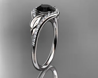 Nature Inspired Engagement Ring 1 Carat Black Diamond 14k White Gold Leaf Ring Dainty Minimalist Wedding Ring