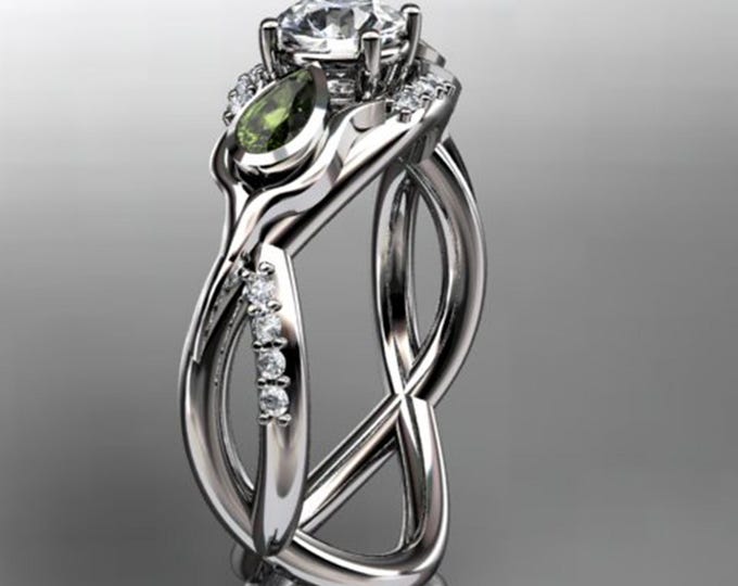 Nature Inspired Diamond Engagement Ring 1 CT Lab Grown Ring Peridot 14k White Gold CVD IGI Certified