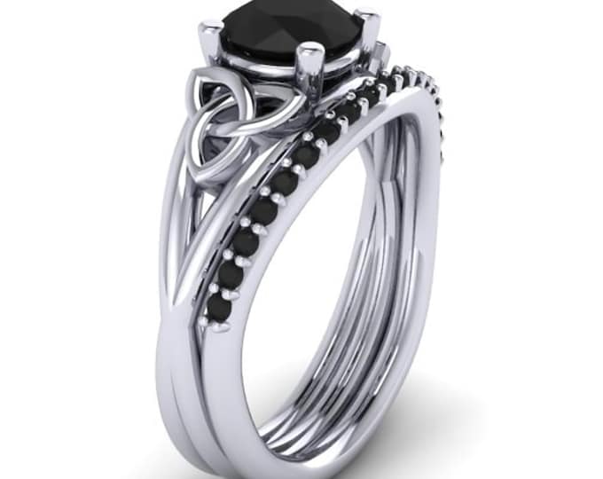 Unique Celtic Engagement Set 1 CT Black Diamond Handmade 14k White Gold Matching Band