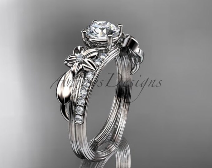 Flower Leaf Engagement Ring 14k White Gold Moissanite Nature Inspired Wedding Ring Anniversary Gift