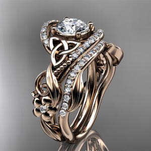 Unique Engagement Ring Set 14k Rose Gold Celtic Wedding Ring Set 1 CT Lab Grown Diamond IGI Certified Bridal Set