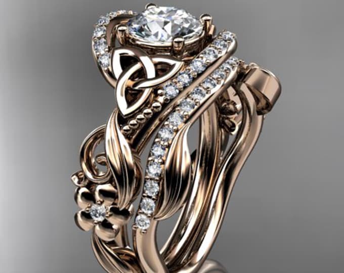 Unique Engagement Ring Set 14k Rose Gold Celtic Wedding Ring Set 1 CT Lab Grown Diamond IGI Certified Diamond