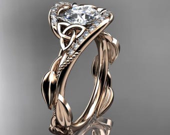 1 CT Round Cut Lab Grown Diamond Celtic Ring VS1 D CVD Nature Inspired Ring 14k Rose Gold Unique IGI Certified Proposal Ring