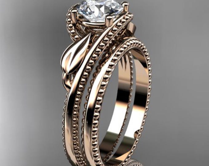 1 Carat Round Lab Grown Diamond Engagement Ring Set 18k Rose Gold Leaf Bridal Ring Nature Inspired IGI Certified