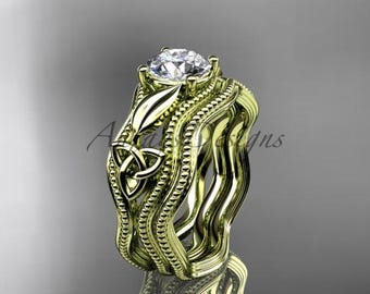 Celtic Engagement Ring Set 14k Yellow Gold Nature Inspired Lab Grown Diamond Bridal Ring