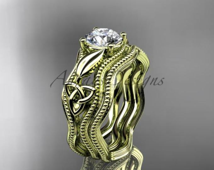 Celtic Engagement Ring Set 14k Yellow Gold Nature Inspired Lab Grown Diamond Bridal Ring
