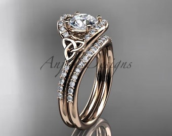 Celtic Bridal Set 1 Carat Round Lab Grown Diamond 14K Rose Gold Trinity Knot Engagement Ring IGI Certified Wedding Set