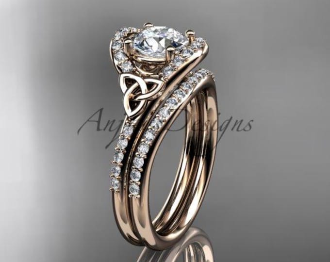 Celtic Bridal Set 1 Carat Round Lab Grown Diamond 14K Rose Gold Trinity Knot Engagement Ring IGI Certified Wedding Set