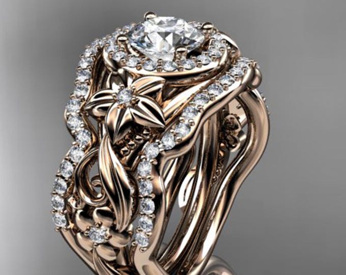 Nature Inspired Diamond Bridal Set 1 Carat D VS1 Lab Grown Diamond Halo Ring 14k Rose Gold Flower Engagement Set IGI Certified