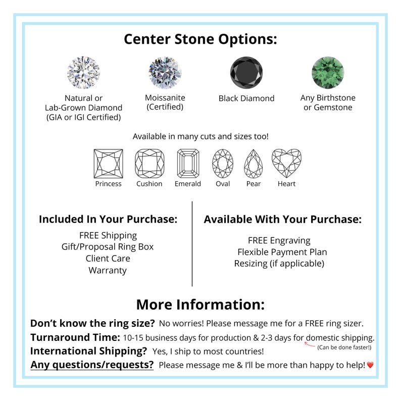 May include: Image showcasing center stone options for rings, including natural diamonds, moissanite, black diamonds, and gemstones. Various cuts are displayed: princess, cushion, emerald, oval, pear, and heart. The image also lists included and available purchase options.