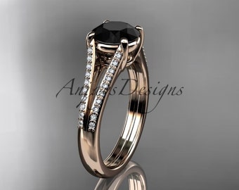 Unique Black Diamond Engagement Ring 14k Rose Gold Cathedral Side Stone Wedding Ring