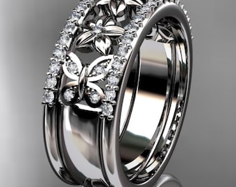 Butterfly Wedding Band 14k White Gold Diamond Flower Nature Inspired Wedding Ring Anniversary Gift