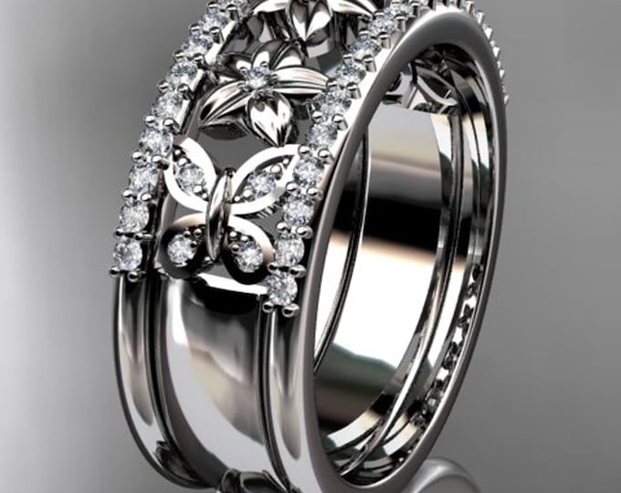 Butterfly Wedding Band 14k White Gold Diamond Flower Nature Inspired Wedding Ring Anniversary Gift