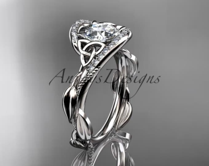 Unique Celtic Engagement Ring White Gold 14k Round White Sapphire Leaf Vine Nature Wedding Rings Gift For Her