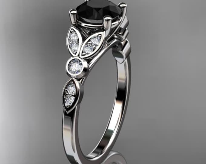 Unique Black Diamond Engagement Ring 14k White Gold Nature Inspired Ring For Her