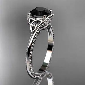 Celtic Wedding Ring 1 Carat Round Cut Black Diamond Solitaire Engagement Ring 4 Prong Solitaire Ring 14k White Gold Dainty Trinity Knot Ring