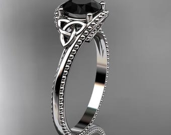 Celtic Wedding Ring 1 Carat Round Cut Black Diamond Solitaire Engagement Ring 4 Prong Solitaire Ring 14k White Gold Dainty Trinity Knot Ring