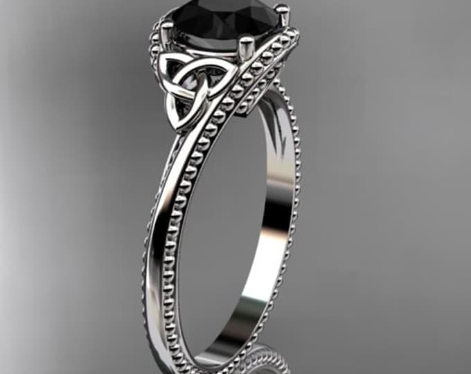 Celtic Wedding Ring 1 Carat Round Cut Black Diamond Solitaire Engagement Ring 4 Prong Solitaire Ring 14k White Gold Dainty Trinity Knot Ring