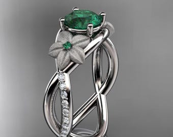 Flower Engagement Ring 1 Carat Round Emerald 14k White Gold Nature Inspired Wedding Ring